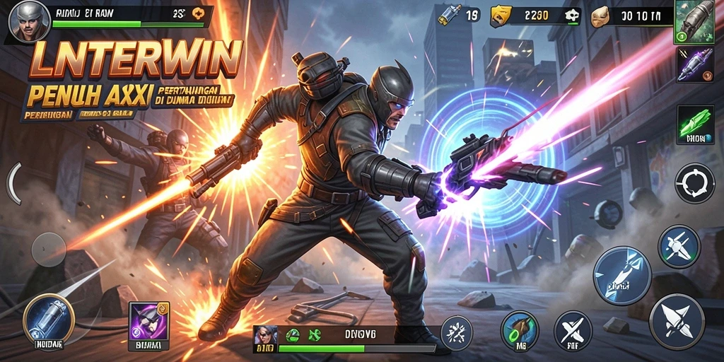 Screenshot LNTERWIN menunjukkan karakter sedang bertarung dengan efek visual yang menakjubkan.