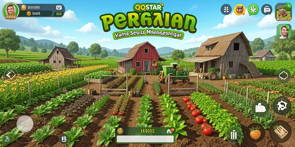 Tampilan gameplay <strong>QQSTAR</strong> yang memukau, menampilkan kebun yang rimbun dan hewan ternak.