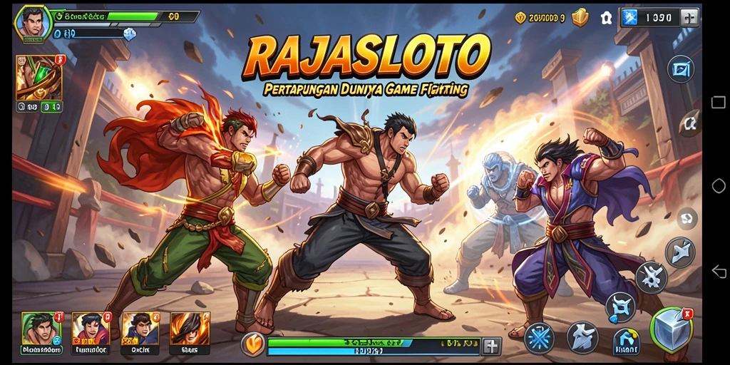 Tampilan pertarungan intens dalam RAJASLOTO dengan karakter unik.