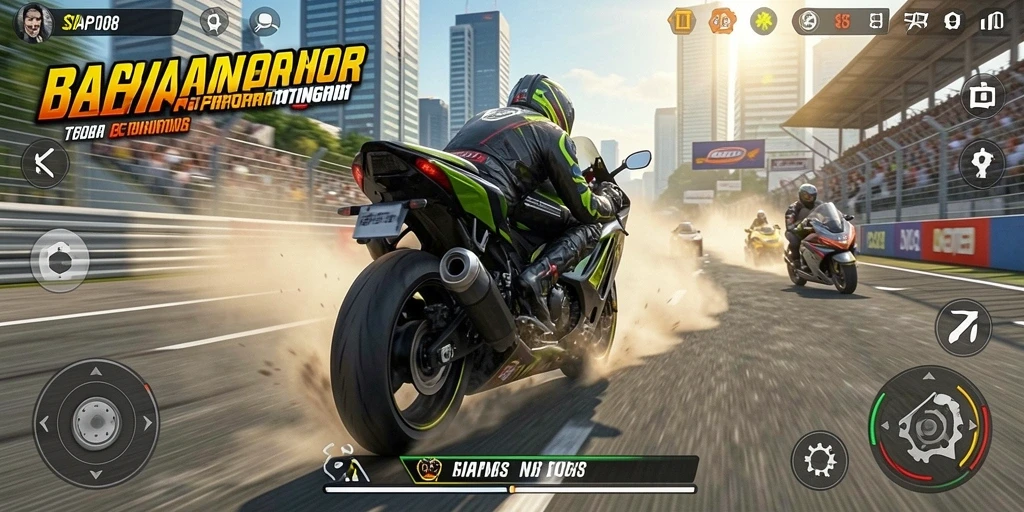 Screenshot utama dari gameplay balapan motor yang intens.